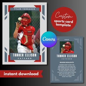 Cartão esportivo personalizado, crie o seu próprio, impressão comercial, beisebol, modelo Canva, download digital, design esportivo moderno, presente para atleta