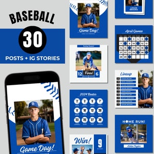 Könnte beinhalten: Eine Sammlung von 30 Baseball-bezogenen Social-Media-Posts und Instagram-Storys. Die Bilder zeigen einen Baseballspieler in blauer Uniform, ein Baseballfeld, ein Baseball-Spielergebnis, einen Baseball-Team-Kader, eine Baseball-Aufstellung und einen Baseball-Homerun. Der Text auf den Bildern lautet "Game Day!" und "Home Run!"