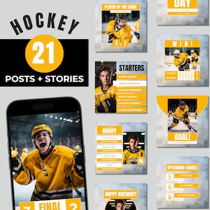 May include: A collection of 21 social media posts and stories for a hockey team. The images feature players in yellow and black uniforms, with a yellow and black color scheme throughout. The text includes "Hockey 21", "Posts + Stories", "Startes", "Player of the Game", "Win!", "Goal!", "Happy Birthday!", "Final", and "Upcoming Games".