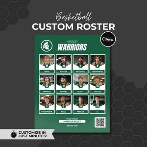 Modello Canva per elenco giocatori di basket, 12 giocatori, squadra itinerante, personalizzabile, account Canva gratuito, qualsiasi sport, profilo atleta, modificabile, reclute