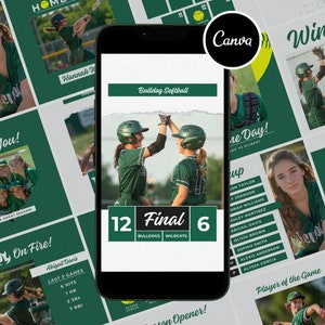 Könnte beinhalten: Ein grüner und weißer Telefonbildschirm, auf dem der Spielstand eines Softballspiels angezeigt wird. Der Spielstand ist 12 zu 6. Der Text "Final" wird zwischen den Ergebnissen angezeigt. Der Text "Bulldogs" wird unter dem Ergebnis von 12 und der Text "Wildcats" unter dem Ergebnis von 6 angezeigt. Der Text "Canva" wird in Weiß auf einem grünen Kreis in der oberen rechten Ecke des Bildes angezeigt.