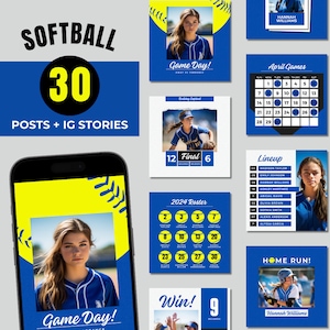 Könnte beinhalten: Eine Sammlung von 30 Social-Media-Posts und Instagram-Storys für ein Softball-Team. Die Grafiken zeigen ein gelbes und blaues Farbschema mit einer Softball-Grafik, Spielerfotos und Text wie "Spieltag!" und "Homerun!"