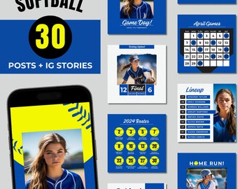 Könnte beinhalten: Eine Sammlung von 30 Social-Media-Posts und Instagram-Storys für ein Softball-Team. Die Grafiken zeigen ein gelbes und blaues Farbschema mit einer Softball-Grafik, Spielerfotos und Text wie "Spieltag!" und "Homerun!"