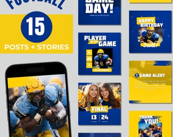 Plantillas de Instagram de fútbol: Paquete de redes sociales azul y amarillo (Canva editable)