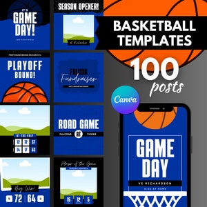 Basketball Canva Templates, Social Media Posts, Instagram Bundle, Facebook Team Graphics, Editable, High School Sports, Blue Basketball, 100