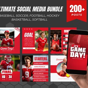 Könnte beinhalten: Eine Sammlung von Social-Media-Post-Vorlagen für Sportteams. Die Vorlagen haben ein rotes und weißes Farbschema mit Bildern von Sportlern und Spielergebnissen. Der Text auf den Vorlagen enthält Sätze wie "Spieltag!" und "Finale".