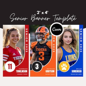 May include: A 2' x 4' senior banner template with three different designs. The first design features a female student wearing a red and white jersey with the number 11 and the text "Candace Tomlinson, Kennedy Tigers". The second design features a male student wearing a black and orange jersey with the number 3 and the text "Patrick Grayson, Tucson Tigers". The third design features a female student wearing a blue and yellow cheerleading uniform with the text "Miley Sorensen, Walsh SHS Lions".