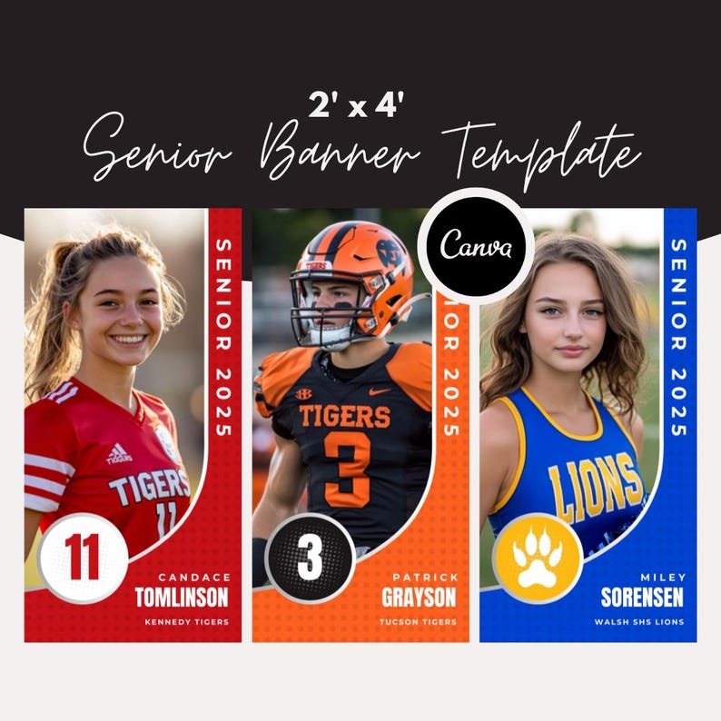 May include: A 2' x 4' senior banner template with three different designs. The first design features a female student wearing a red and white jersey with the number 11 and the text "Candace Tomlinson, Kennedy Tigers". The second design features a male student wearing a black and orange jersey with the number 3 and the text "Patrick Grayson, Tucson Tigers". The third design features a female student wearing a blue and yellow cheerleading uniform with the text "Miley Sorensen, Walsh SHS Lions".