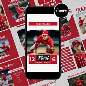 Könnte beinhalten: Ein rotes und weißes Baseball-Scoreboard mit dem Text "Bulldog Baseball" und "Final" mit dem Ergebnis 12 zu 6. Das Scoreboard befindet sich auf einem Smartphone-Bildschirm mit einem Baseballspieler im Hintergrund.