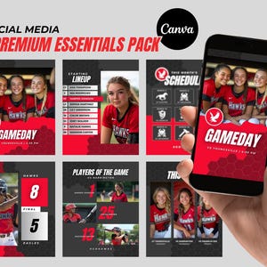 Könnte beinhalten: Ein Smartphone zeigt ein rot-schwarzes Social-Media-Vorlagenpaket für Softball. Das Paket enthält Grafiken für Spieltage, Startaufstellungen und Zeitpläne. Das Wort "Hawks" ist auf den Grafiken zu sehen.