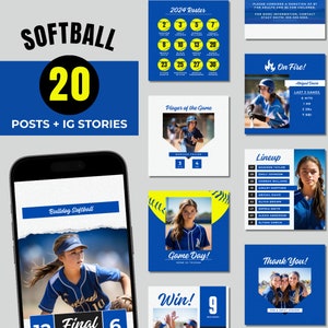 Könnte beinhalten: Eine Sammlung von 20 Social-Media-Posts und Instagram-Storys für ein Softball-Team. Die Grafiken zeigen blaue und gelbe Farbschemata mit Softball-Bildern, Spielerfotos und Spieltagsinformationen. Der Text enthält "Softball 20", "Posts + IG Stories", "2024 Roster", "Player of the Game", "On Fire!", "Lineup", "Game Day!", "Win!", "Final", und "Thank You!"