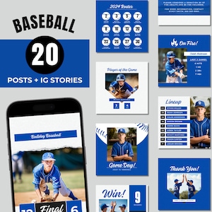 Könnte beinhalten: Ein Satz von 20 Social-Media-Grafiken für ein Baseballteam. Die Grafiken haben ein blaues und weißes Farbschema mit Baseball-Motiven, darunter Spieler, Schläger und Bälle. Die Grafiken enthalten Text wie "Baseball 20", "Posts + IG Stories", "2024 Roster", "Player of the Game", "On Fire!", "Lineup", "Game Day!", "Win!", "Final" und "Thank You!"