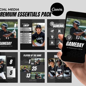 Könnte beinhalten: Ein Satz von Social-Media-Grafiken für ein Baseballteam. Die Grafiken zeichnen sich durch ein Schwarz-Weiß-Farbschema mit einem Wabenmuster aus. Die Grafiken beinhalten eine Spieltagsankündigung, eine Startaufstellung, Spieler des Spiels und einen Spielplan. Die Grafiken sind für die Verwendung auf Social-Media-Plattformen wie Instagram und Facebook konzipiert.