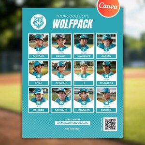 Puede incluir: Una lista del equipo turquesa y blanco para los Wolfpack Thurgood Elite, con fotos de jugadores, nombres y números. El diseño incluye un logotipo de lobo y el logotipo de Canva en la esquina superior derecha. El nombre del entrenador principal y la información de contacto se enumeran en la parte inferior.