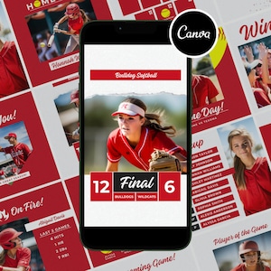 Könnte beinhalten: Ein rotes und weißes Softball-Spiel-Scoreboard mit dem Text "Bulldog Softball" und "Final" mit dem Ergebnis 12 zu 6. Das Scoreboard befindet sich auf einem Telefonbildschirm mit rotem und weißem Hintergrund.