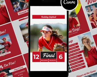 20 Softball Canva Templates, Social Media Kit, Square Posts + Instagram Stories, Easy Edit, Baseball, High School Sports, Custom Bundle, Red