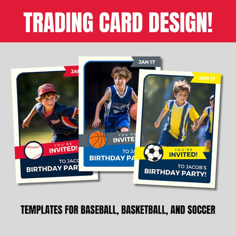 Sports Card Birthday Invite, Editable Canva Template, Custom Design, Baseball Soccer, Basketball, Party Invitation, Kid Boy Celebration, PNG image 2