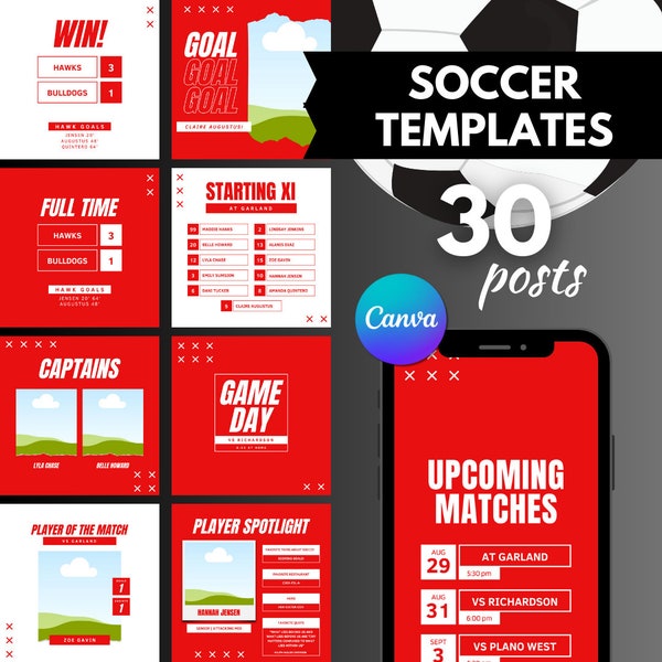 Soccer Social Media Templates, Canva Templates, Red, Easy Edits, Instagram Posts, Club Instagram Bundle, Instant Download, Drag and Drop