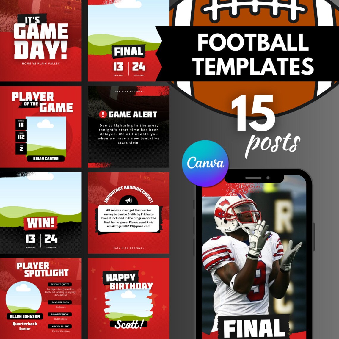 Sports Team Instagram Canva Pack, Red and Black Template, High School