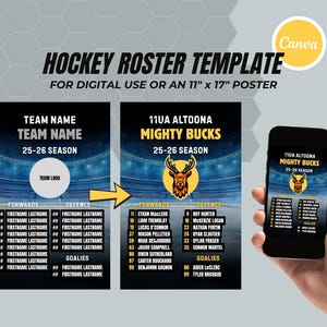Pode incluir: Um modelo de lista de hóquei para uso digital ou um pôster de 28 cm x 43 cm. O modelo apresenta um fundo de arena de hóquei azul e amarelo com um espaço reservado para o logotipo da equipe. O modelo inclui seções para atacantes, defensores e goleiros com espaço para os nomes e os números dos jogadores.