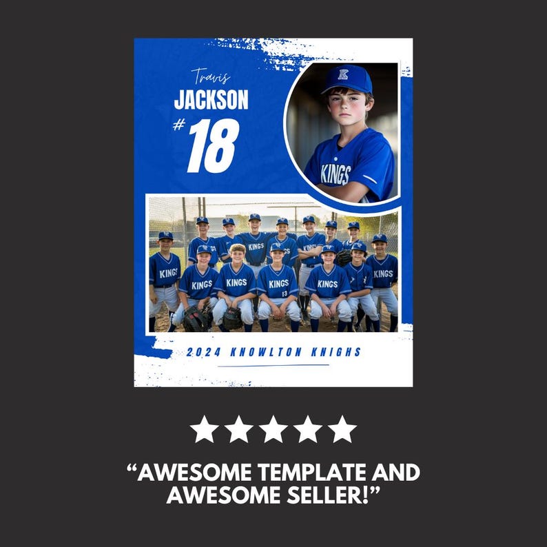 Puede incluir: Una foto de equipo de b&eacute;isbol azul y blanco con el nombre y el n&uacute;mero de un jugador, "Travis Jackson #18", en un c&iacute;rculo blanco sobre fondo azul. El equipo lleva uniformes azules y blancos con "KINGS" escrito en la parte delantera. La foto est&aacute; subtitulada "2024 Knowlton Knights".