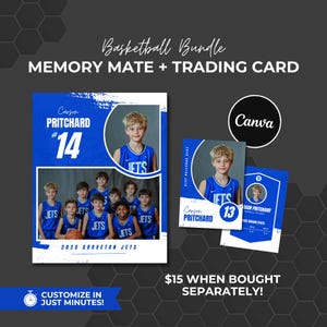 Paquete de Memory Mate + tarjeta coleccionable, plantilla de Canva, tarjeta deportiva editable, Memory Mate de baloncesto personalizado, foto de equipo, temporada, atleta juvenil