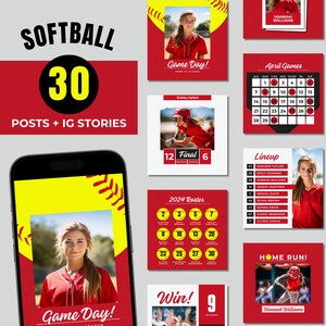 Könnte beinhalten: Eine Sammlung von Social-Media-Beiträgen und Instagram-Stories zum Thema Softball in Rot und Gelb. Die Beiträge umfassen Spieltagsankündigungen, einen Kalender, eine Liste, eine Aufstellung und eine "Home Run!"-Grafik. Der Text enthält "Softball", "30 Posts + IG Stories" und Spielernamen.