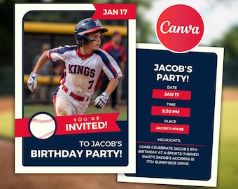 Sports Card Birthday Invitation: Baseball, Basketball, Soccer (Editable Canva Template)