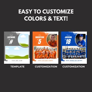 Puede incluir: Una plantilla de perfil de jugador de b&eacute;isbol o softbol personalizable con un esquema de color gris, naranja y azul. La plantilla incluye el nombre del jugador, su n&uacute;mero y el nombre del equipo. La plantilla se muestra con una foto del jugador y una foto del equipo.