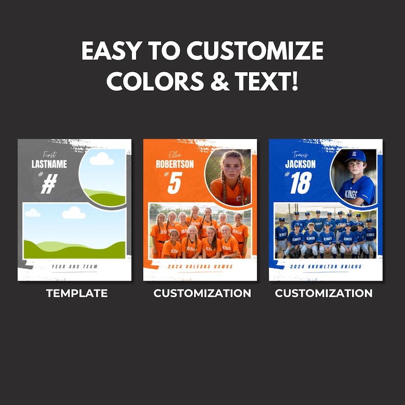 Puede incluir: Una plantilla de perfil de jugador de b&eacute;isbol o softbol personalizable con un esquema de color gris, naranja y azul. La plantilla incluye el nombre del jugador, su n&uacute;mero y el nombre del equipo. La plantilla se muestra con una foto del jugador y una foto del equipo.