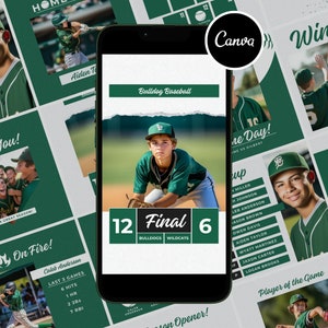 Könnte beinhalten: Ein grünes und weißes Baseball-Scoreboard mit dem Text "Bulldog Baseball" und dem Endergebnis von 12 zu 6. Das Scoreboard befindet sich auf einem Telefonbildschirm mit einem Baseballspieler im Hintergrund.