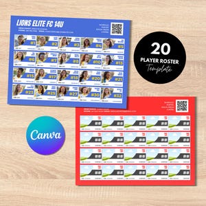 Plantilla de lista de 20 jugadores, equipo de viaje, deportes de secundaria, fútbol, béisbol, softbol, editable, personalizado, Canva, diseño de reclutas, cualquier deporte