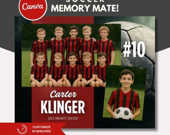 May include: A soccer team photo featuring a group of young players in red and black striped jerseys. The image includes the text "SOCCER MEMORY MATE!" and the name "Carter Klinger" with "2025 KNIGHTS SOCCER". A soccer ball and the number "10" are also visible.