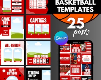 Basketball Social Media, Canva Template, Sports Instagram Facebook, Digital Download, Customizable Team Posts, Game Day Bundle, Red, 25