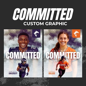 Puede incluir: Un gráfico personalizado con la palabra «COMMITTED» en letras blancas grandes. El gráfico presenta a dos atletas, Jackon Calder y Amelia Morris, con sus nombres y afiliaciones universitarias. También son visibles los logotipos de Sawtooth University y Cardale College.