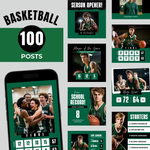 May include: A collage of images promoting a basketball team. The images feature players in green and white uniforms, a scoreboard with the final score, and a player holding a basketball. The text on the images includes "Season Opener!" "Player of the Game" "New School Record!" "Big Win!" "Start Leaders" and "Starters".