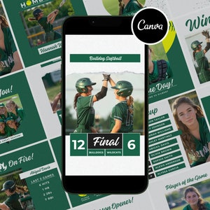 Könnte beinhalten: Ein grün-weißes Softball-Spiel-Scoreboard mit dem Endergebnis von 12 zu 6. Das Scoreboard ist mit "Bulldogs" und "Wildcats" beschriftet.