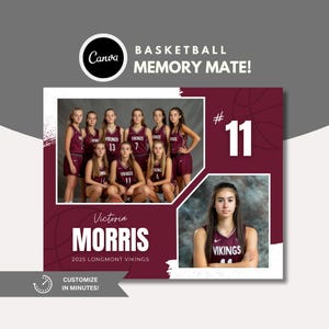 May include: A basketball team photo with a maroon and white color scheme. The team is wearing maroon jerseys with the word "VIKINGS" on them. The team is standing in front of a white background. The photo is framed with a white border. The text "Victoria MORRIS 2025 LONGMONT VIKINGS" is at the bottom of the photo. The text "#11" is in the top right corner of the photo. The text "CUSTOMIZE IN MINUTES!" is at the bottom of the photo.