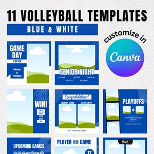 Canva-sjablonen voor sociale media volleybal: blauw-witte wedstrijddag (digitale download)
