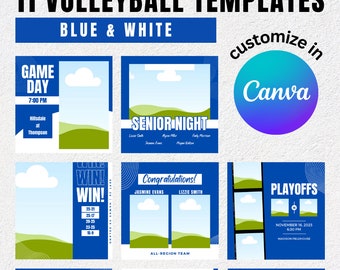 Volleyball Social Media Canva Templates, 11 Templates, Volleyball Game Day, Digital Downloads, Blue and White, High School Sports, Instagram