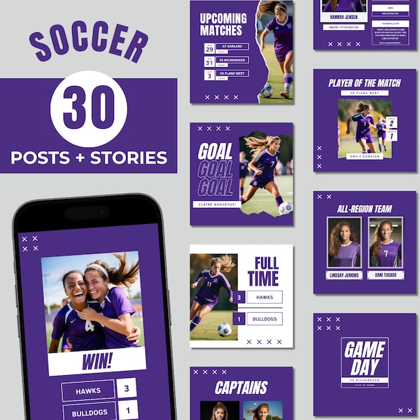 Soccer Canva templates, Soccer Social Media, Purple Team, Soccer Canva, Soccer Instagram Posts, Soccer Instagram Bundle, Instant Download