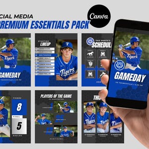 Könnte beinhalten: Ein Satz von Social-Media-Grafiken für ein Baseballteam. Die Grafiken zeigen ein blaues und weißes Farbschema mit dem Teamlogo und den Worten "Gameday" und "Tigers".