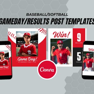 Könnte beinhalten: Drei Social-Media-Post-Vorlagen für Baseball- oder Softball-Spielergebnisse am Spieltag. Die Vorlagen zeigen ein rotes und weißes Baseball-Design mit einem Baseballspieler in der Mitte. Der Text auf den Vorlagen lautet "Game Day!" und "Win!" mit den Ergebnissen des Spiels. Die Vorlagen sind für die Verwendung in Canva konzipiert.