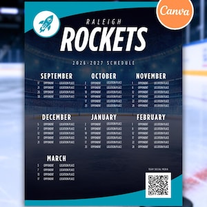 May include: A teal and navy blue Raleigh Rockets hockey schedule for the 2026-2027 season. The schedule includes months from September to March, with dates and opponent information. A rocket logo is at the top.