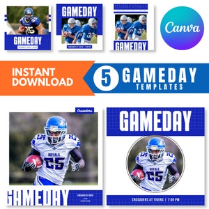 Gameday Canva Templates, Social Media Posts, Digital Download, Blue and White, Football Game Day, Team Instagram, Social Media Manager, 5