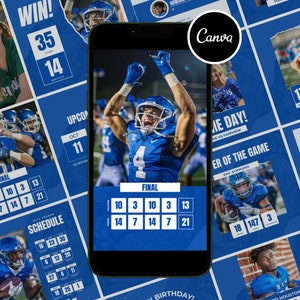Football Social Media Canva Templates, 17 Square Posts & 8 Stories, Professional Team Graphics, Blue, Customizable, High School Sport Bundle