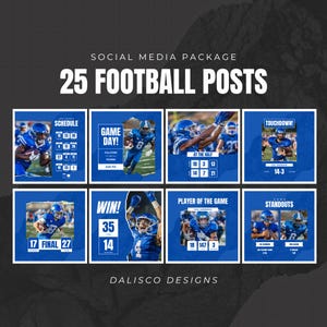 Football Canva Templates, Social Media, 25 Post Package, Professional Team Graphics, Blue, Customizable, High School Sport Bundle, Instagram