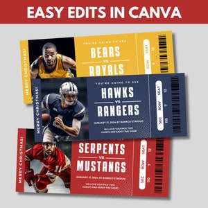 Sportticket Canva-Vorlage, Geburtstagsüberraschung für Sportler oder Sportfan, einfache Bearbeitungen in Canva, Textfarben bearbeiten, Ticket für Spielveranstaltungen