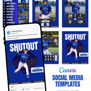 Könnte beinhalten: Eine Sammlung digitaler Baseball-Social-Media-Vorlagen mit blau-weißen Grafiken, Spielerfotos in Wolves-Uniformen und Textüberlagerungen wie Tonight's Lineup, Home Run und Shutout, dargestellt auf einem Smartphone-Bildschirm.