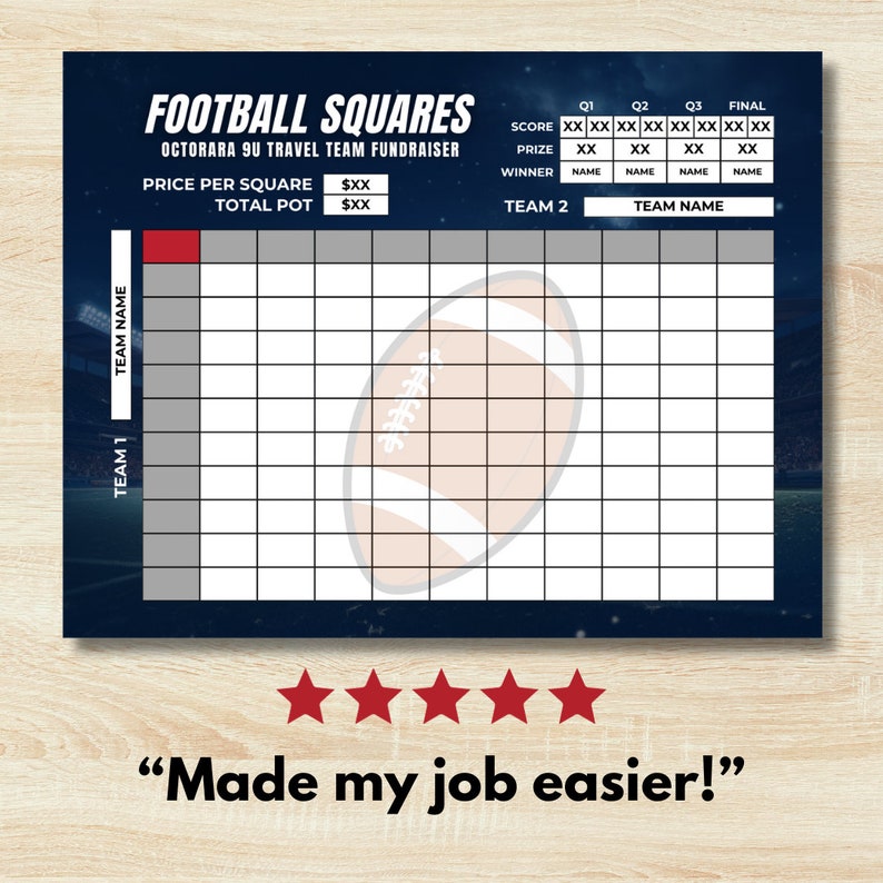 Football Squares, Team Fundraiser Template, 100 Squares, 50 Squares